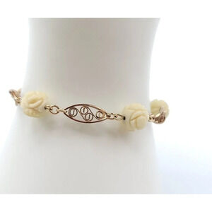 12kt Gold Filled Beige Molded Flower Bead Beaded Vintage Spanish Bracelet 7"